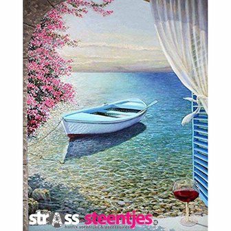 Diamond Painting pakket - Schilderij Zeezicht uit raam met luiken met roeiboot in het water 40X50 cm (full)