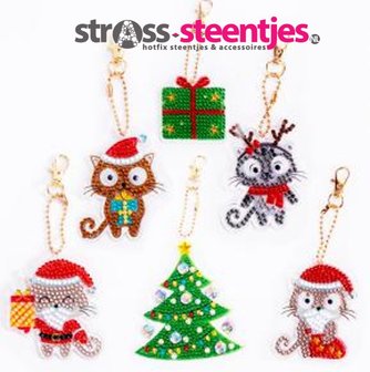 Diamond Painting Kerst Sleutelhangers Grappige Kerstkatten, Kerstboom en pakje (Set 6 stuks)