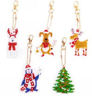 Diamond Painting Kerst Sleutelhangers Honden, Rendier, Pingu&iuml;n en Kerstboom (Set 5 stuks)