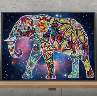 Diamond Painting pakket - Kleurrijke Olifant op een ruimte achtergrond - Glow in the Dark 40x30 cm (Partial)