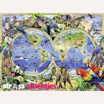 Diamond Painting pakket -  Kleurrijke wereldkaart met dieren 90x120 cm (full)