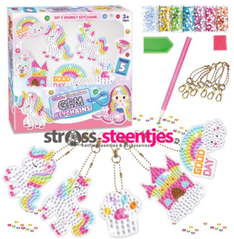 Diamond Painting Sleutelhanger box - Regenboog Unicorns klein (Set 5 stuks) met logo