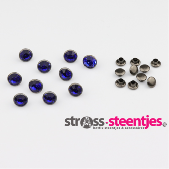 Studs met Strass Sapphire 8 mm (glas) donkere cup (SS34) (per 36 stuks) met logo