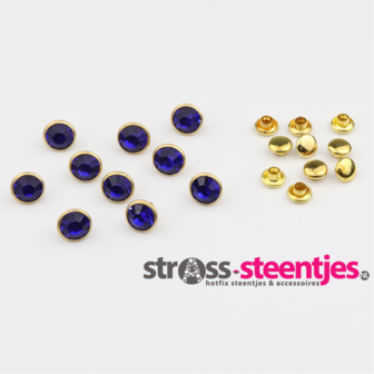 Studs met Strass Sapphire 8 mm (glas) goudkleurige cup (SS34)  (per 36 stuks) met logo