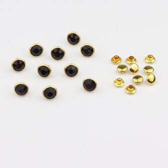 Studs met Strass Smoked Topaz 8 mm (glas) met goudkleurige cup (SS34) (per 36 stuks)