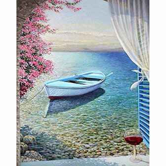 Diamond Painting pakket - Schilderij Zeezicht uit raam met luiken met roeiboot in het water 40X50 cm (full) zonder logo