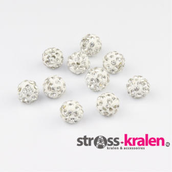 Shamballa kralen (10mm) Wit met Crystal gatmaat 2mm (5 stuks) SHA10001