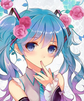 Diamond Painting pakket - Manga meisje met blauw haar en rose bloemen in het haar 25x30 cm