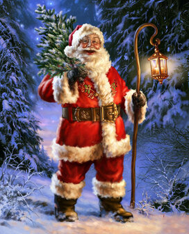 Diamond Painting pakket - De kerstman met lantaarn en boom in het bos 30x37 cm