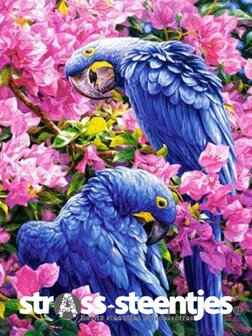 Diamond Painting pakket - Blauwe ara papegaaien tussen roze bloemen 30x40 cm (full)