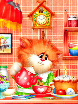 Diamond Painting pakket - Cartoon kat in de keuken 30x40 cm