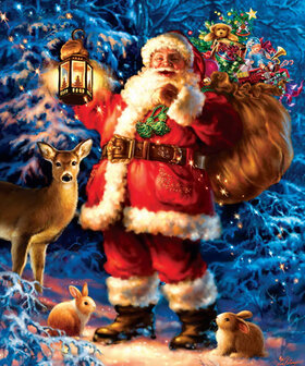 De kerstman met een zak cadeaus en dieren in het bos 25x30