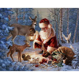 De kerstman voert dieren in het bos 45x36 cm