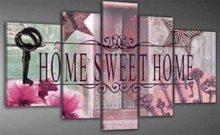 Diamond Painting pakket - Home Sweet Home Paars 5 luik 2x20x30, 2x20x40, 1x20x50 cm (full) paars