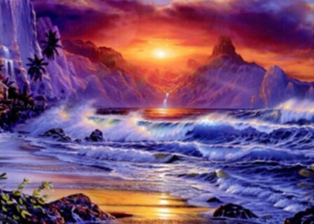 Diamond Painting pakket - Zee, strand, ondergaande zon, blauw, paars, oranje 50x70 cm