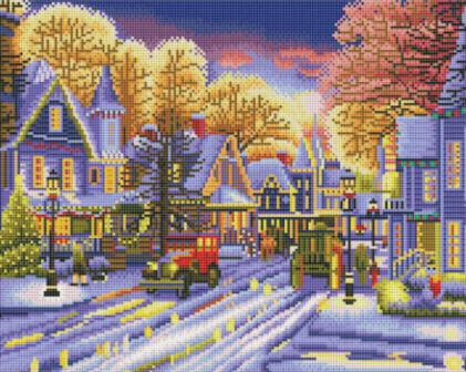 Diamond Painting met LED-verlichting - Verlicht kerstdorpje met auto 40x50 cm (full)