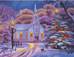 Diamond Painting met LED-verlichting - Verlicht wit kerkje in de sneeuw 40x50 cm (full)