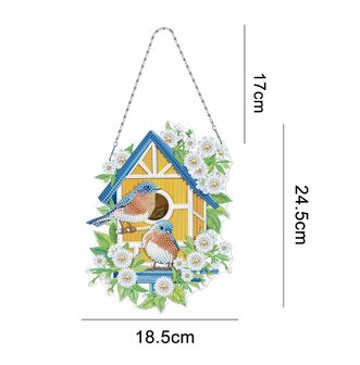 Diamond Painting hanger - met vogelhuisje (rood dak) en vogels met afmetingen