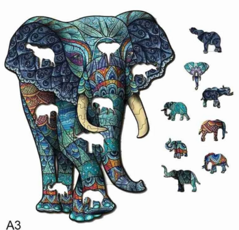 Houten legpuzzel Olifant - met unieke stukjes - A3 formaat met losse stukjes ernaast