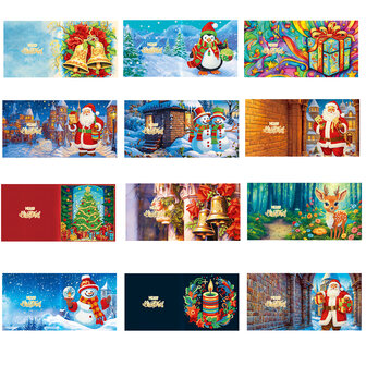 Kerstkaarten - Set van 12 stuks (Partial) met o.a. Cadeautje, Sneeuwpop, en Rendier