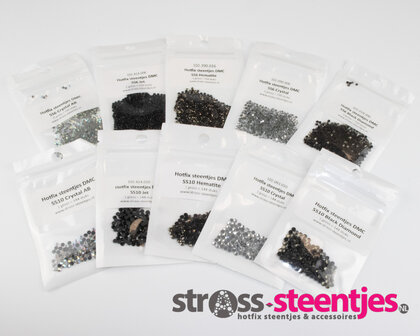 Kleurenpakket Black &amp; White - Small (SS6 en SS10) - Premium DMC kwaliteit Hotfix met logo