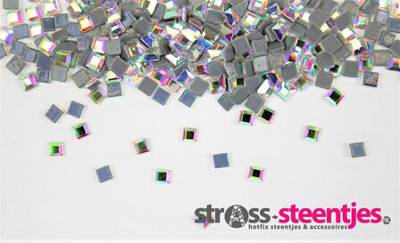 Vierkantje 3 mm Crystal AB Hotfix Rhinestones Figuren Superior kwaliteit (1049) (per 36 stuks) met logo