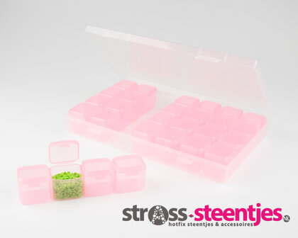 Opbergdoos / sorteerbakje met 28 potjes licht roze met logo