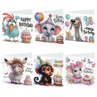 Diamond Painting verjaardagskaarten - Set van 6 stuks Happy Birthday Grappige Dieren met Taarten  (Partial met ronde steentjes)