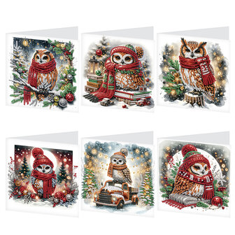 Diamond Painting Kerstkaarten - Set van 6 stuks met Uilen (Partial)