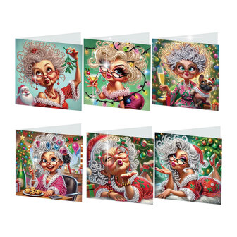 Diamond Painting Kerstkaarten - Set van 6 stuks met AOW Kerstvrouwen (Partial)