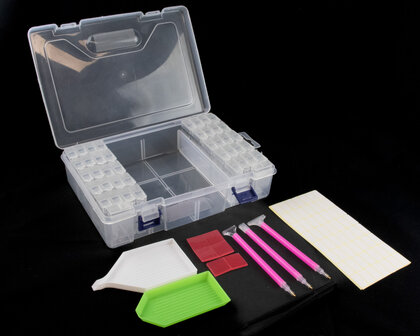 Diamond Painting opbergdoos / sorteerkoffertje met 42 fliptop doosjes plus benodigdheden open deksel
