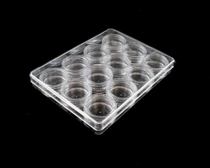Opbergdoosje met 12 schroefdraadpotjes (A) 12.3.x9.5x1.7 cm