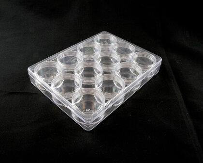 Opbergdoosje B met 12 schroefdraadpotjes 12.5.x16.5x2.6 cm gesloten deksel