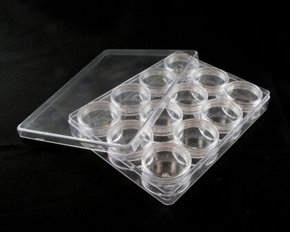 Opbergdoosje B met 12 schroefdraadpotjes 12.5.x16.5x2.6 cm open deksel