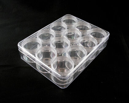 Opbergdoosje C met 12 schroefdraadpotjes 12.5.x16.5x3.8 cm gesloten deksel