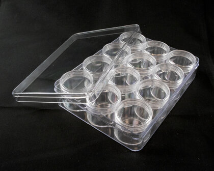 Opbergdoosje C met 12 schroefdraadpotjes 12.5.x16.5x3.8 cm open deksel