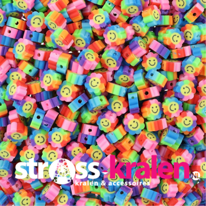 Polymeer kralen Smiley bloemetjes regenboog 10x10x4,5mm multi color (50 stuks) PMF006