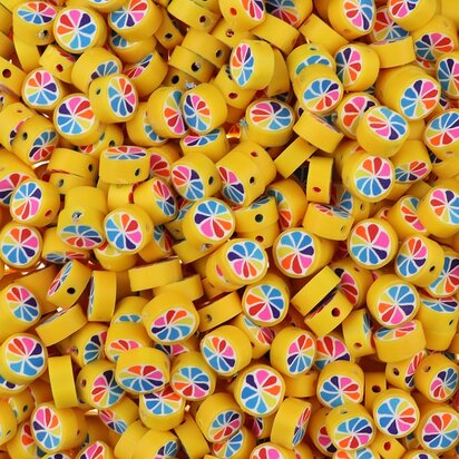Polymeer kralen Citrus Geel met Kleurtjes 10x10x4,5mm multi color (50 stuks) PMF007