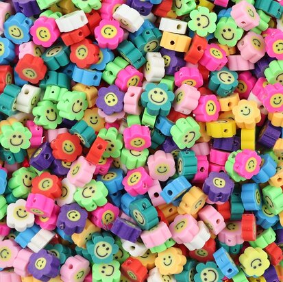 Polymeer kralen Smiley bloemetjes 10x10x4,5mm multi color (50 stuks) PMF003