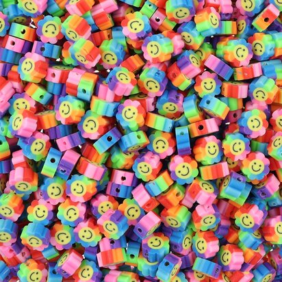 Polymeer kralen Smiley bloemetjes regenboog 10x10x4,5mm multi color (50 stuks) PMF006