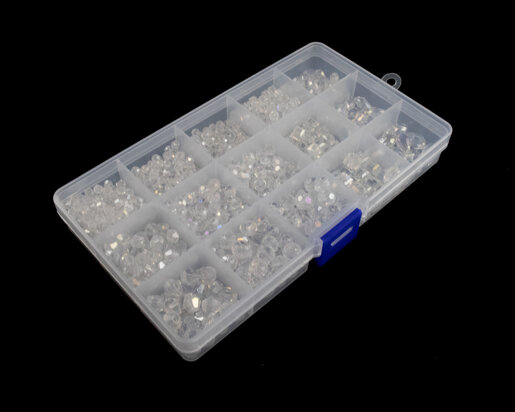 Facet kralen van glas set 15 vakjes 15 verschillende kralen - Crystal kleur 