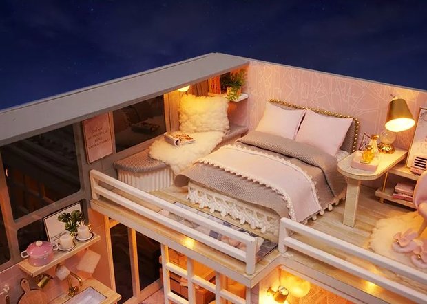 Mini Dollhouse - Appartement - Girlish Dream slaapkamer op verdieping