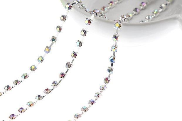 Strassketting 4 mm (SS16) Crystal AB - Silver Cup (per meter)