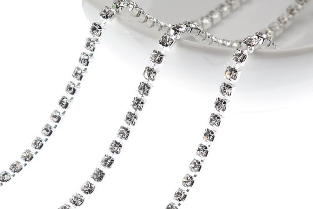 Strassketting 3 mm (SS12) Crystal - Silver Cup (per meter)