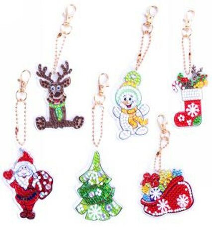 Diamond Painting Kerst Sleutelhangers Sneeuwpop, Rendier, Kerstman, Kerstboom, Kerstsok en Zak met cadeaus (Set 6 stuks)