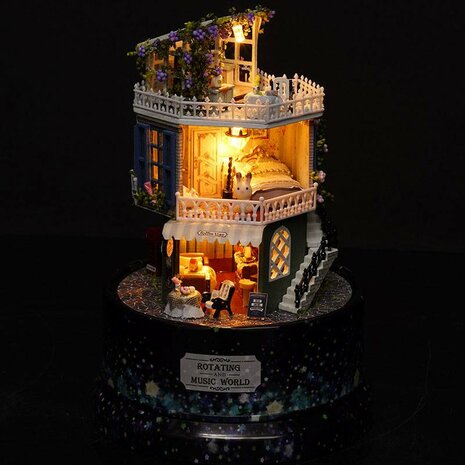 Mini Dollhouse - Draaiende muziekdoos - Look for a Star binnenkant by Night