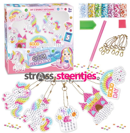 Diamond Painting Sleutelhanger box - Regenboog Unicorns klein (Set 5 stuks) met logo