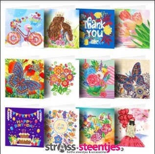 Diamond Painting Ansichtkaarten - Set van 12 stuks (Partial) Vormen Special (oa Fiets Happy Valentines Day)