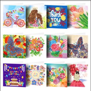 Diamond Painting Ansichtkaarten - Set van 12 stuks (Partial) Vormen Special (oa Fiets Happy Valentines Day) zonder logo