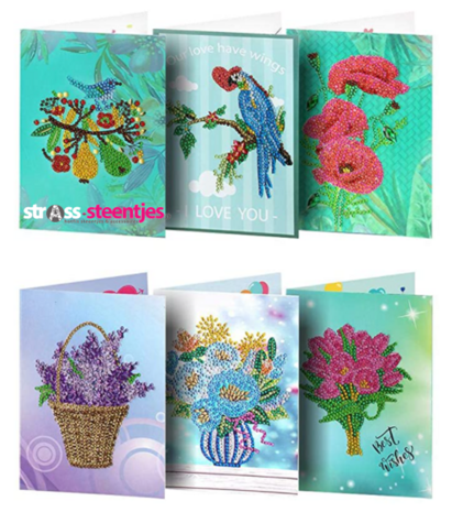 Diamond Painting love kaarten met o.a. papegaai en bloemen - Set van 6 stuks (Partial met ronde steentjes)